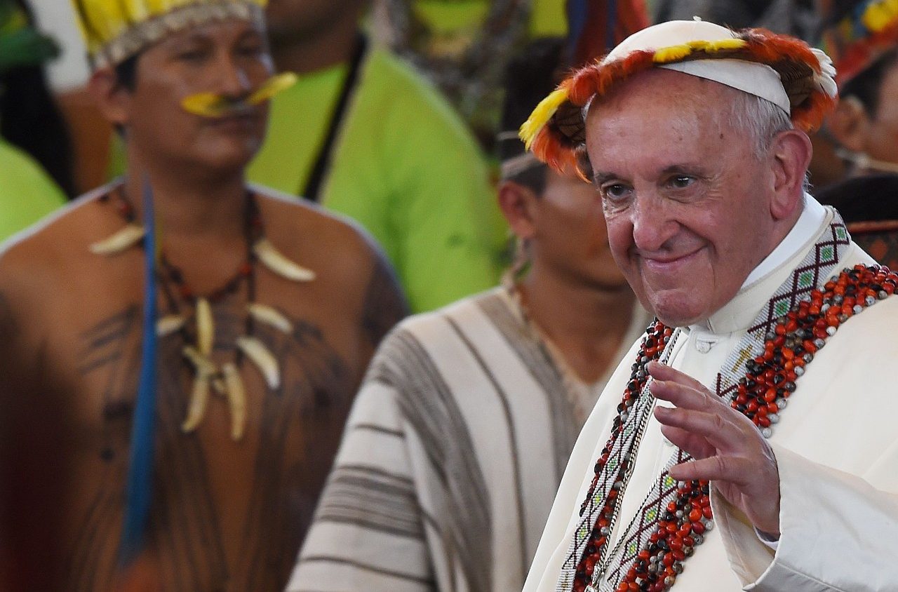Pope Francis in a tribal headress