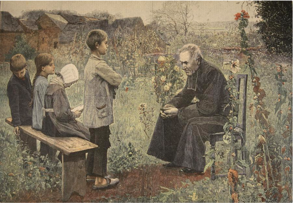 Priest teach children catechism